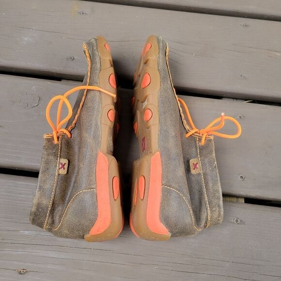 Twisted X Brown Leather Neon Orange Moccasin Moc Square Toe Ankle Driving Loafer - Picture 3 of 9